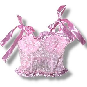ROMWE Pink Lace Bustier with Satin Bows